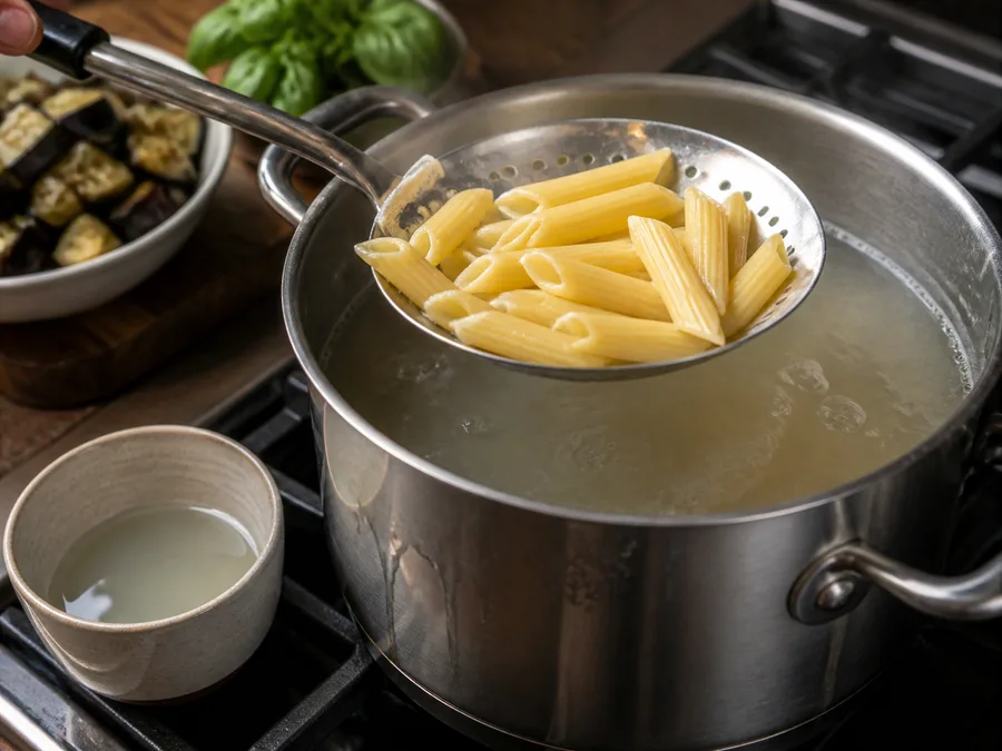 Пене с баклажаном и песто | Фото подпункта 10 | Viva Cucina Пене с баклажаном и песто: фото процесса приготовления — соедините подготовленные компоненты в широкой посуде, где их удобно перемешивать