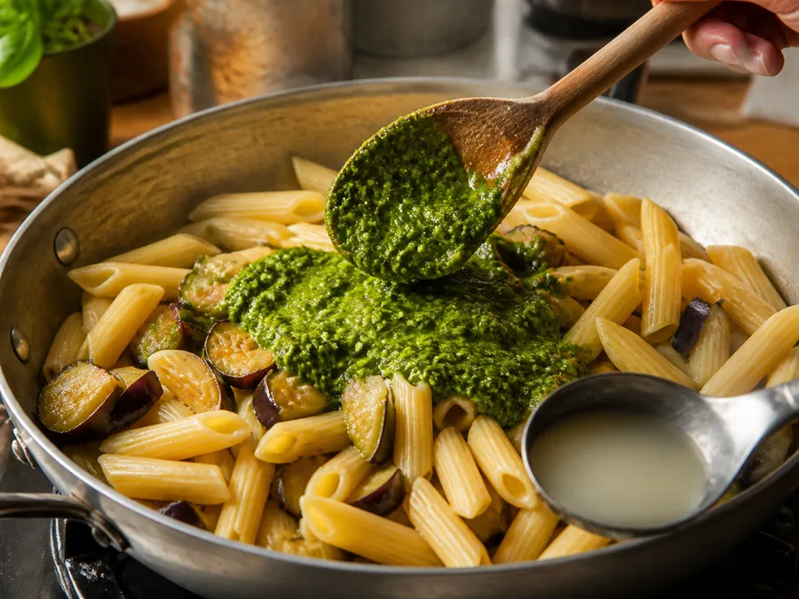 Пене с баклажаном и песто | Фото подпункта 11 | Viva Cucina Пене с баклажаном и песто: фото процесса приготовления — добавляйте жидкость небольшими порциями, чтобы соус или крахмалистая основа обволакивали продукты