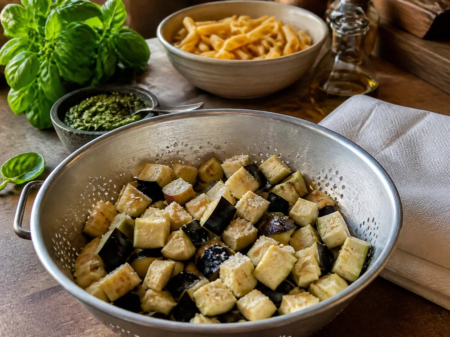 Пене с баклажаном и песто | Фото подпункта 3 | Viva Cucina Пене с баклажаном и песто: фото процесса приготовления — нарежьте, отмерьте и подготовьте ингредиенты для первого активного этапа, чтобы дальше работать без пауз