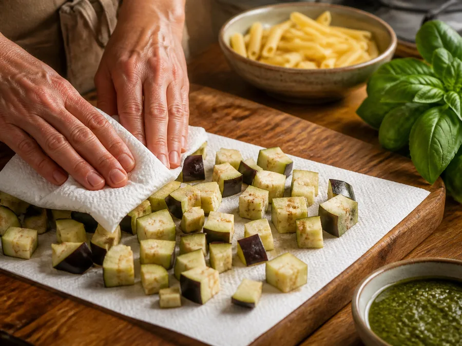 Пене с баклажаном и песто | Фото подпункта 4 | Viva Cucina Пене с баклажаном и песто: фото процесса приготовления — подготовьте основу для пене с баклажаном и песто: прогрейте сковороду или кастрюлю и начните с ароматных ингредиентов