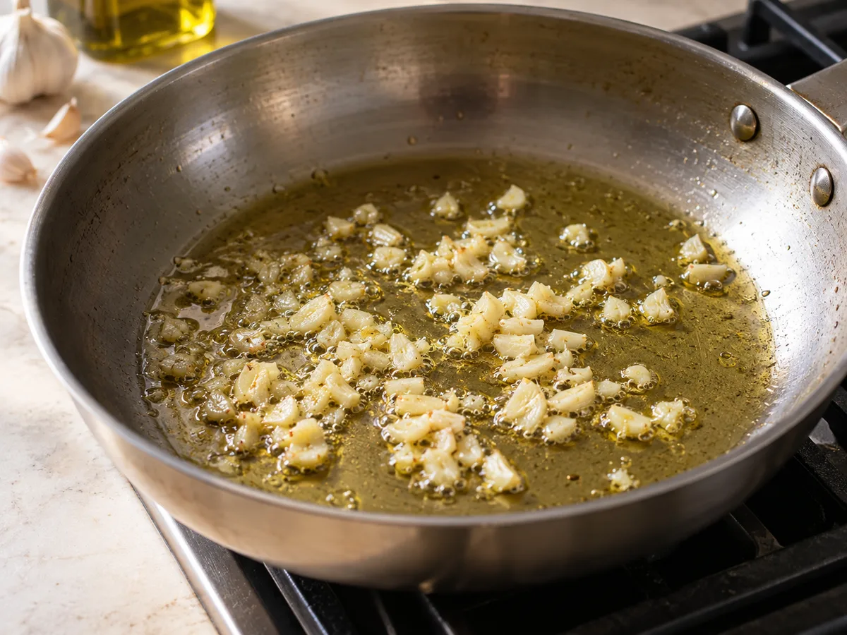 Пенне с брокколи и томатно-базиликовым соусом | Фото подпункта 4 | Viva Cucina Пенне с брокколи и томатно-базиликовым соусом: фото процесса приготовления — нагрейте масло в сковороде и прогрейте чеснок около 30 секунд без потемнения