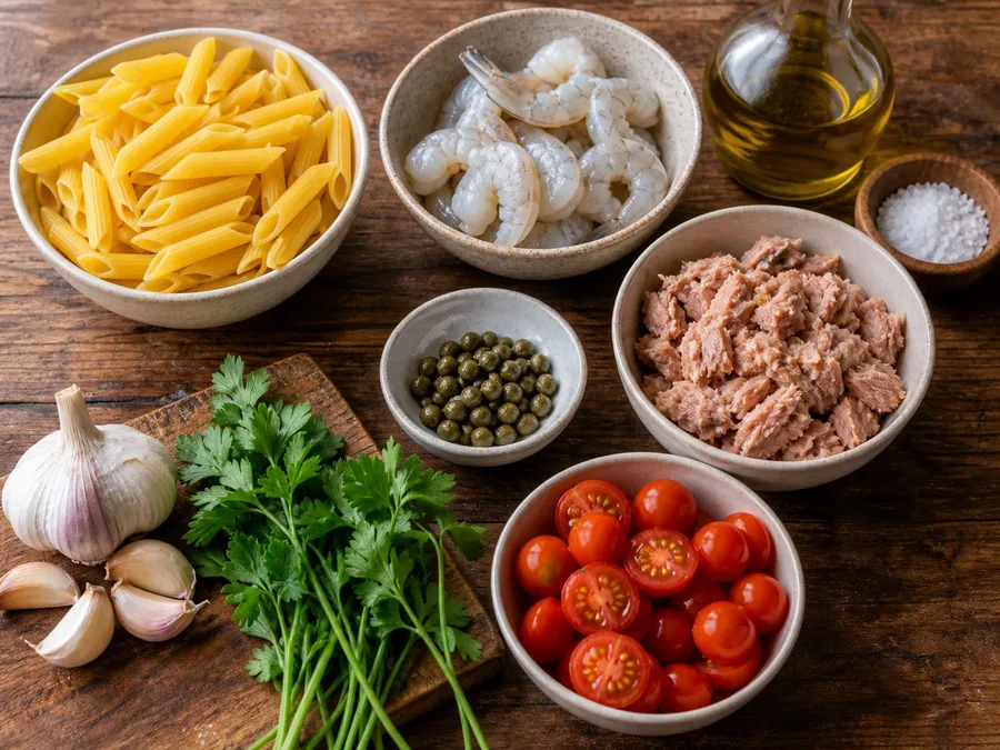 Пене с креветками и соусом из тунца и каперсов | Фото подпункта 1 | Viva Cucina Пене с креветками и соусом из тунца и каперсов: фото процесса приготовления — разложите Томаты и Шампиньоны или белые грибы, соль, масло, специи и нужную посуду так, чтобы всё было под рукой до начала готовки