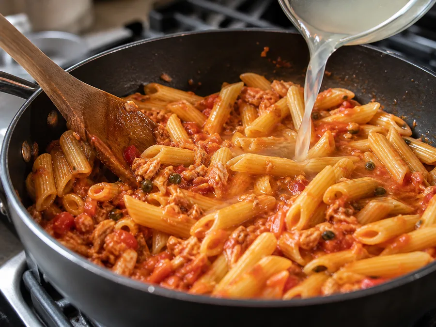 Пене с креветками и соусом из тунца и каперсов | Фото подпункта 12 | Viva Cucina Пене с креветками и соусом из тунца и каперсов: фото процесса приготовления — доведите блюдо до единой сочной текстуры, не перегревая нежные ингредиенты