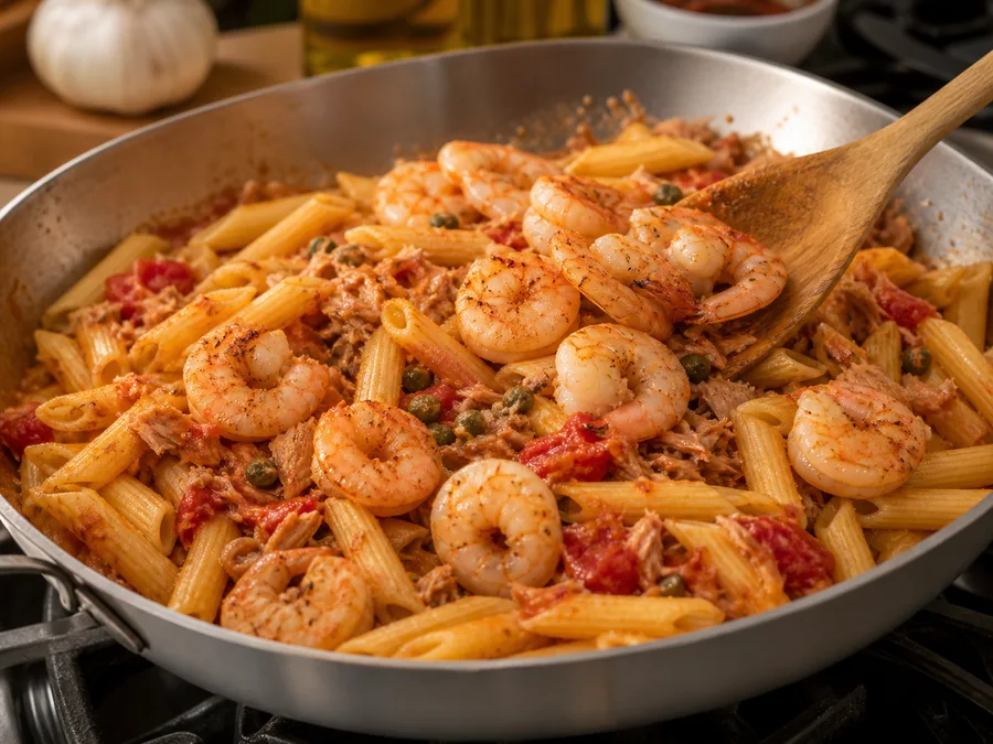 Пене с креветками и соусом из тунца и каперсов | Фото подпункта 13 | Viva Cucina Пене с креветками и соусом из тунца и каперсов: фото процесса приготовления — доведите блюдо до финальной текстуры и снимите с огня или достаньте из духовки вовремя