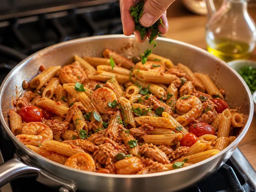 Пене с креветками и соусом из тунца и каперсов | Фото подпункта 14 | Viva Cucina Пене с креветками и соусом из тунца и каперсов: фото процесса приготовления — добавьте зелень, масло, сыр, лимон или специи только если они поддерживают основной вкус