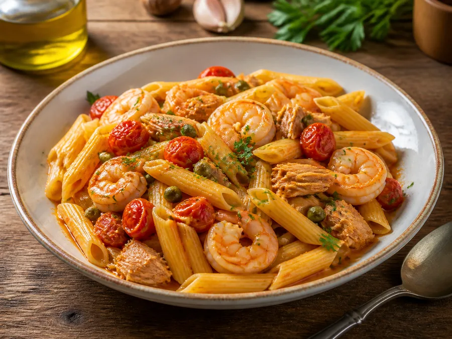 Пене с креветками и соусом из тунца и каперсов | Фото подпункта 15 | Viva Cucina Пене с креветками и соусом из тунца и каперсов: фото процесса приготовления — подавайте сразу или после короткого отдыха, когда блюдо выглядит собранным и аккуратным