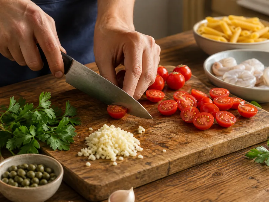 Пене с креветками и соусом из тунца и каперсов | Фото подпункта 2 | Viva Cucina Пене с креветками и соусом из тунца и каперсов: фото процесса приготовления — проверьте свежесть и состояние основных продуктов: уберите лишнюю влагу, грубые части и всё, что может испортить текстуру