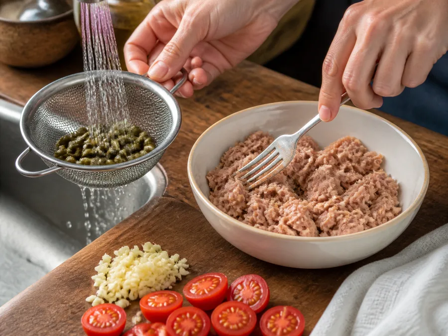 Пене с креветками и соусом из тунца и каперсов | Фото подпункта 3 | Viva Cucina Пене с креветками и соусом из тунца и каперсов: фото процесса приготовления — нарежьте, отмерьте и подготовьте ингредиенты для первого активного этапа, чтобы дальше работать без пауз
