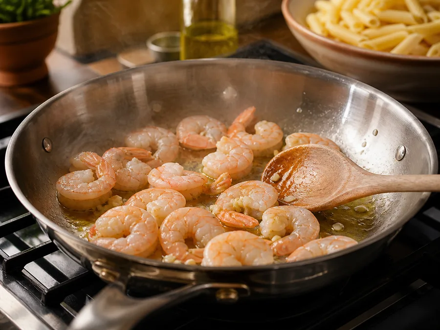 Пене с креветками и соусом из тунца и каперсов | Фото подпункта 4 | Viva Cucina Пене с креветками и соусом из тунца и каперсов: фото процесса приготовления — подготовьте основу для пене с креветками и соусом из тунца и каперсов: прогрейте сковороду или кастрюлю и начните с ароматных ингредиентов