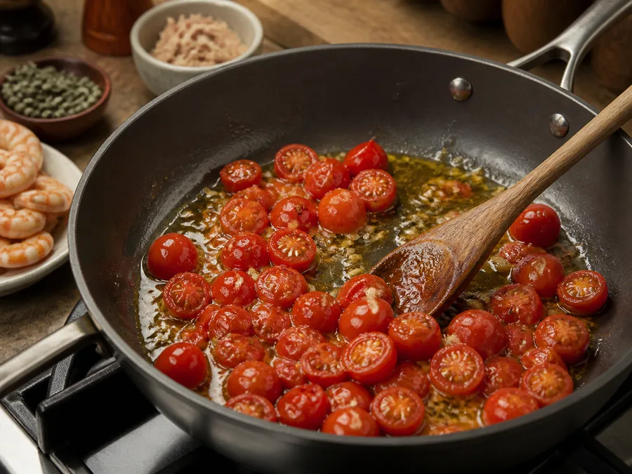 Пене с креветками и соусом из тунца и каперсов | Фото подпункта 6 | Viva Cucina Пене с креветками и соусом из тунца и каперсов: фото процесса приготовления — снимите или отложите всё, что не должно долго готовиться, чтобы вернуть это в блюдо ближе к финалу