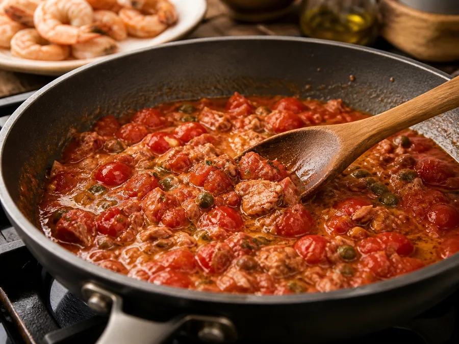 Пене с креветками и соусом из тунца и каперсов | Фото подпункта 8 | Viva Cucina Пене с креветками и соусом из тунца и каперсов: фото процесса приготовления — сохраните немного горячей воды от варки: крахмал поможет связать соус и сделать текстуру гладкой