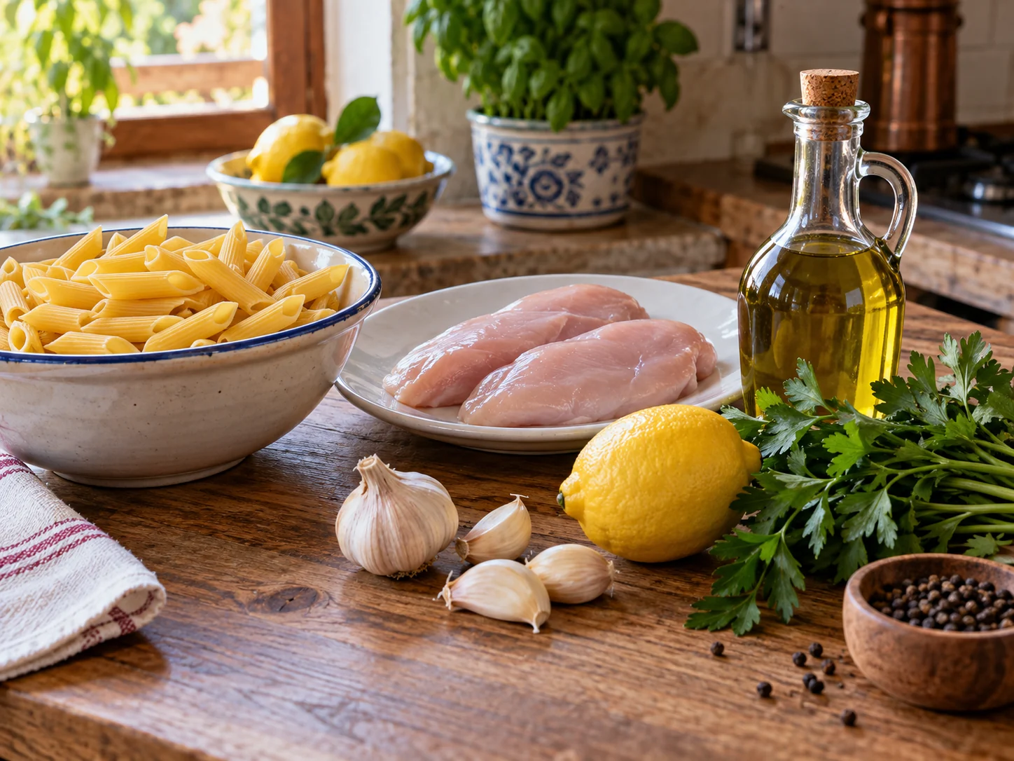 Пене с курицей и соусом лимон-чеснок | Фото подпункта 1 | Viva Cucina Пене с курицей и соусом лимон-чеснок: фото процесса приготовления — разложите Пенне, Соль и чёрный перец, Куриное филе, Оливковое масло extra vergine, соль, масло, специи и нужную посуду так, чтобы всё было под рукой до начала готовки