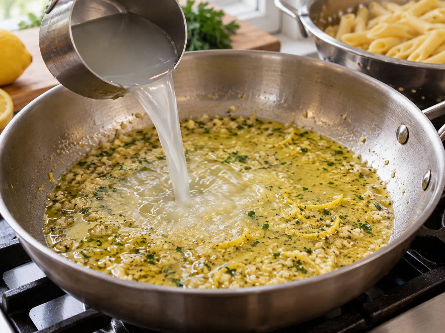 Пене с курицей и соусом лимон-чеснок | Фото подпункта 11 | Viva Cucina Пене с курицей и соусом лимон-чеснок: фото процесса приготовления — добавляйте жидкость небольшими порциями, чтобы соус или крахмалистая основа обволакивали продукты