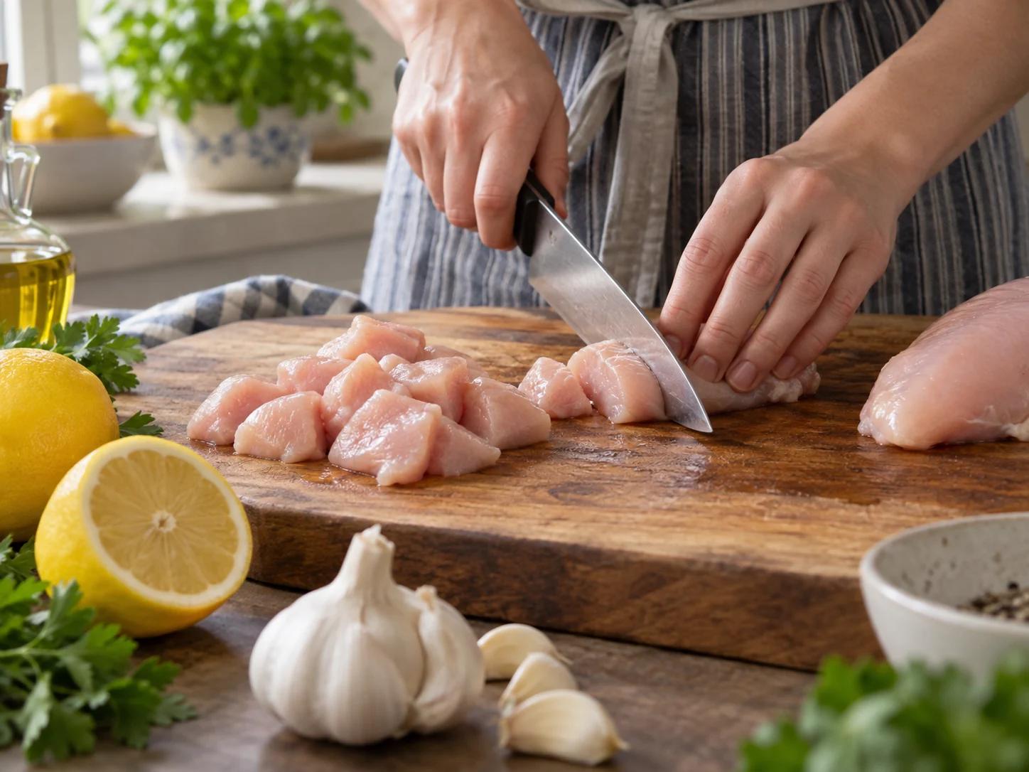 Пене с курицей и соусом лимон-чеснок | Фото подпункта 2 | Viva Cucina Пене с курицей и соусом лимон-чеснок: фото процесса приготовления — проверьте свежесть и состояние основных продуктов: уберите лишнюю влагу, грубые части и всё, что может испортить текстуру