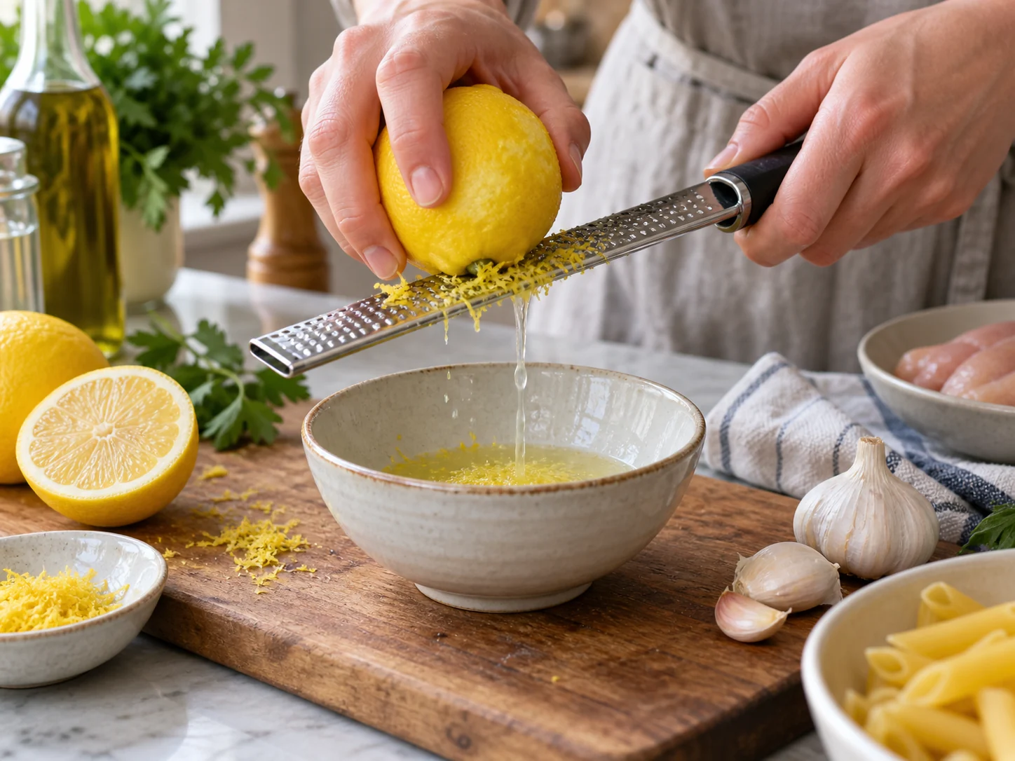 Пене с курицей и соусом лимон-чеснок | Фото подпункта 3 | Viva Cucina Пене с курицей и соусом лимон-чеснок: фото процесса приготовления — нарежьте, отмерьте и подготовьте ингредиенты для первого активного этапа, чтобы дальше работать без пауз