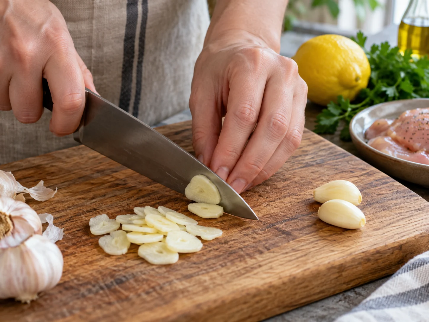 Пене с курицей и соусом лимон-чеснок | Фото подпункта 4 | Viva Cucina Пене с курицей и соусом лимон-чеснок: фото процесса приготовления — подготовьте основу для пене с курицей и соусом лимон-чеснок: прогрейте сковороду или кастрюлю и начните с ароматных ингредиентов