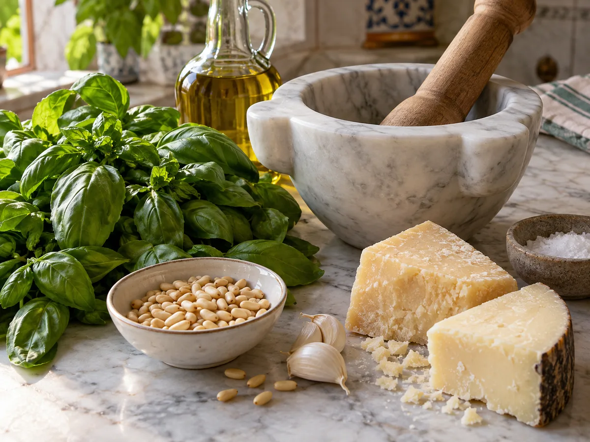 Песто из базилика | Фото подпункта 1 | Viva Cucina Песто из базилика: фото процесса приготовления — отмерьте базилик, орехи, два сыра, чеснок, масло и соль