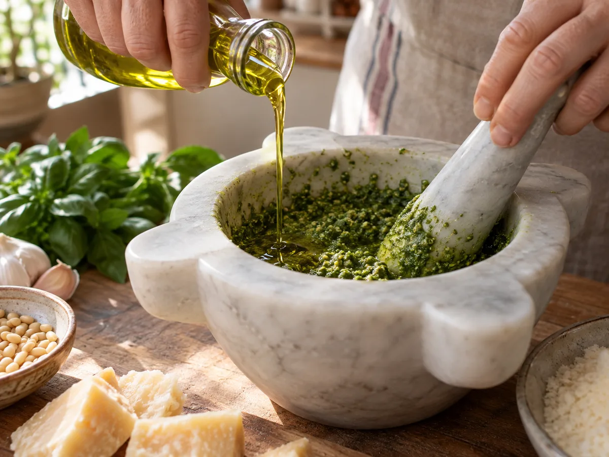 Песто из базилика | Фото подпункта 11 | Viva Cucina Песто из базилика: фото процесса приготовления — постепенно влейте оливковое масло, осторожно перемешивая