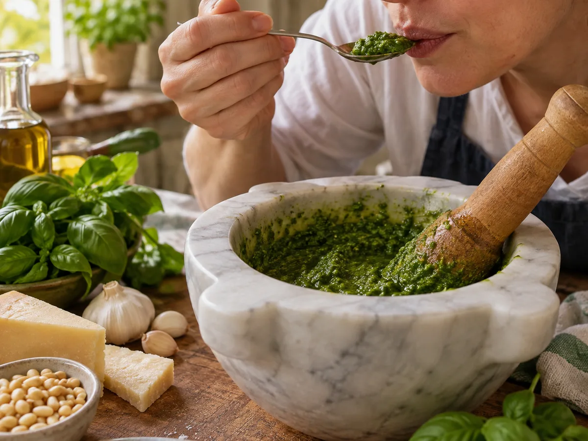 Песто из базилика | Фото подпункта 13 | Viva Cucina Песто из базилика: фото процесса приготовления — попробуйте песто и при необходимости добавьте щепоть соли