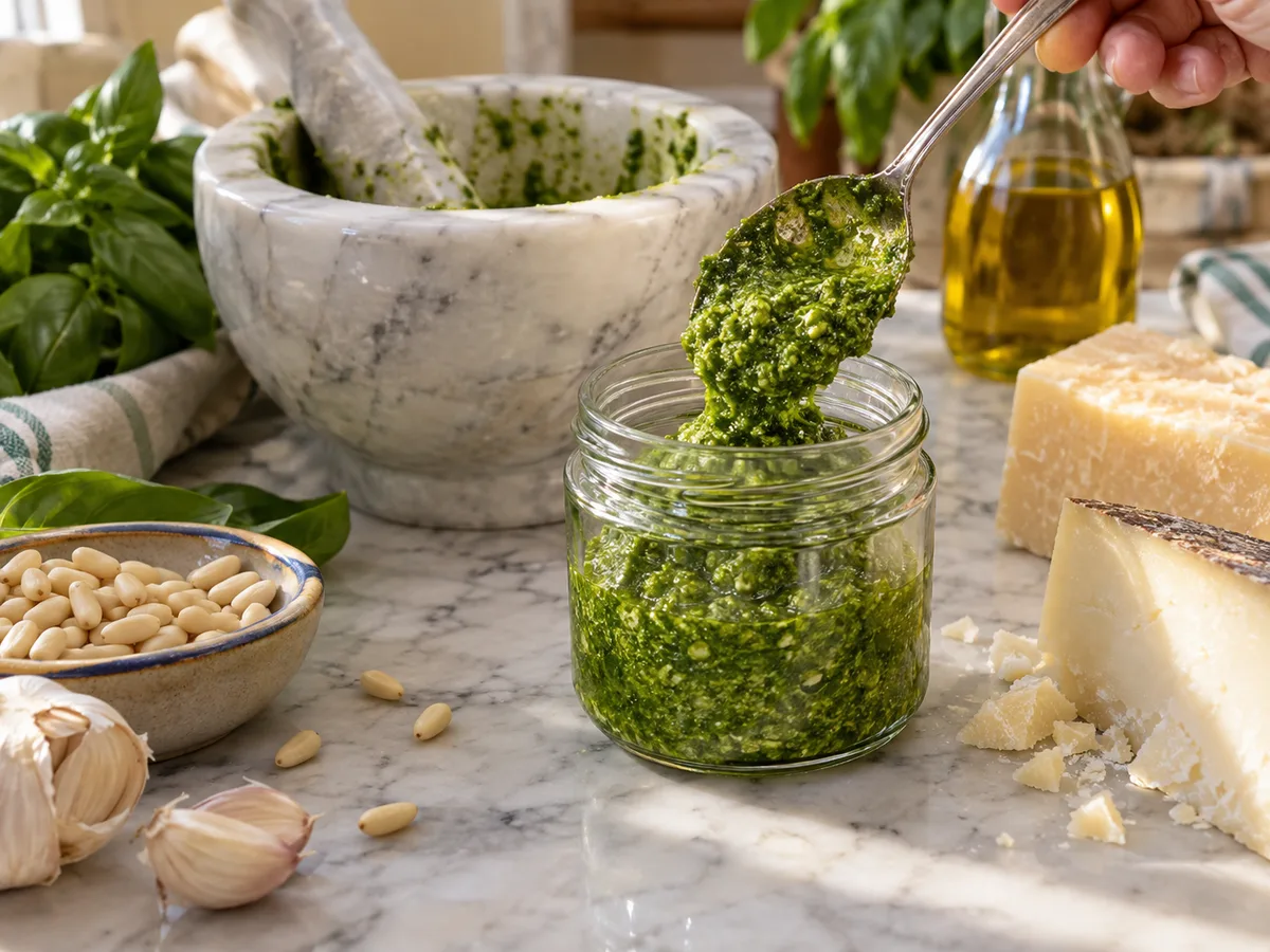 Песто из базилика | Фото подпункта 14 | Viva Cucina Песто из базилика: фото процесса приготовления — переложите соус в чистую банку, разровняйте поверхность