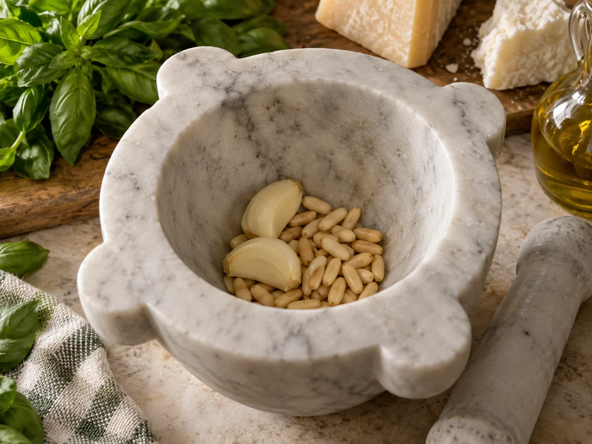 Песто из базилика | Фото подпункта 5 | Viva Cucina Песто из базилика: фото процесса приготовления — положите чеснок и кедровые орехи в ступку