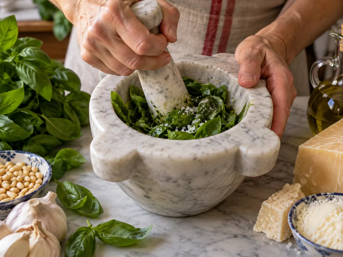 Песто из базилика | Фото подпункта 8 | Viva Cucina Песто из базилика: фото процесса приготовления — всыпьте щепоть соли и разминайте листья пестиком