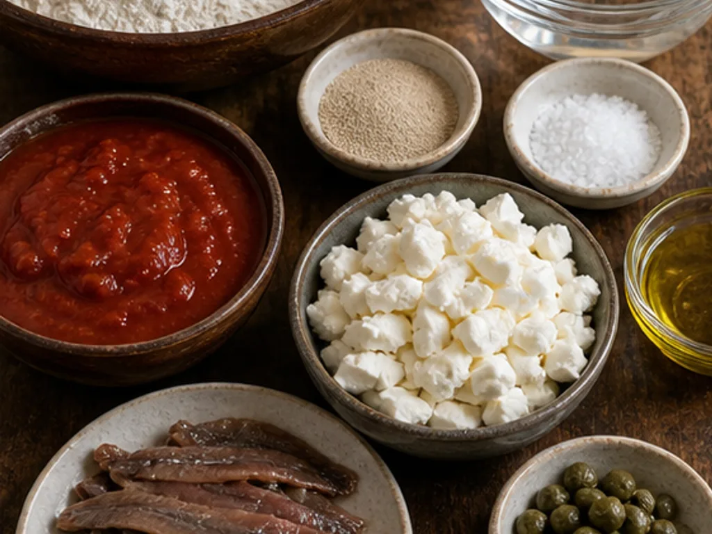 Пинса с начинкой: анчоусы и каперсы | Фото подпункта 1 | Viva Cucina Пинса с начинкой: анчоусы и каперсы: фото процесса приготовления — разложите муку, дрожжи, тёплую воду, соль, оливковое масло, томатный соус, моцареллу, анчоусы, каперсы и орегано
