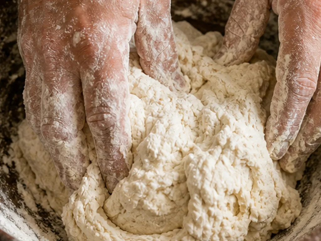 Пинса с начинкой: анчоусы и каперсы | Фото подпункта 3 | Viva Cucina Пинса с начинкой: анчоусы и каперсы: фото процесса приготовления — смешайте муку с дрожжевой водой, солью и маслом до мягкого влажного теста без сухих комков
