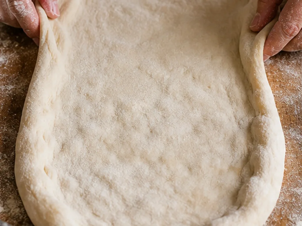 Пинса с начинкой: анчоусы и каперсы | Фото подпункта 7 | Viva Cucina Пинса с начинкой: анчоусы и каперсы: фото процесса приготовления — растяните тесто руками в овальную основу, оставив по краю высокий мягкий бортик