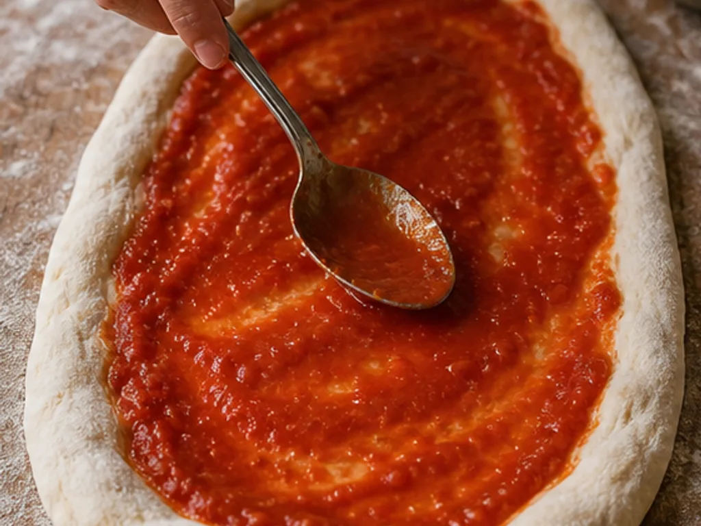 Пинса с начинкой: анчоусы и каперсы | Фото подпункта 8 | Viva Cucina Пинса с начинкой: анчоусы и каперсы: фото процесса приготовления — нанесите тонкий слой томатного соуса, не перегружая центр жидкостью