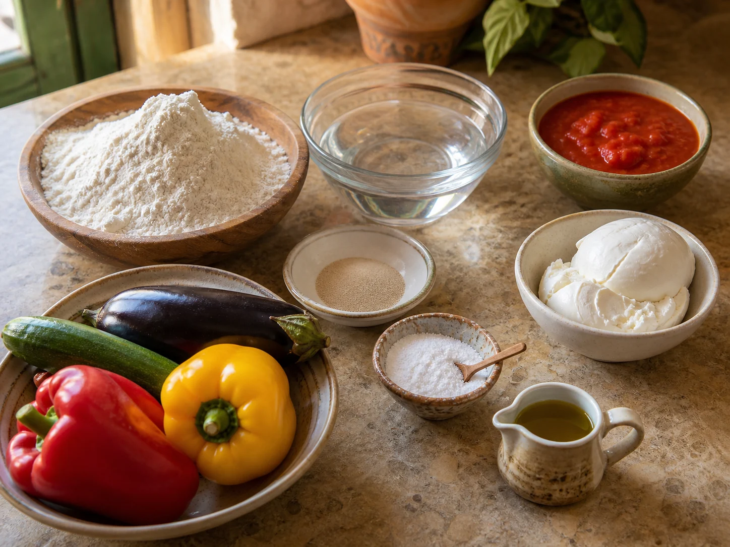 Пинса с начинкой: овощи гриль | Фото подпункта 1 | Viva Cucina Пинса с начинкой: овощи гриль: фото процесса приготовления — разложите муку для пинсы, холодную воду, сухие дрожжи, соль, оливковое масло, пассату, моцареллу, цукини, баклажан и сладкий перец