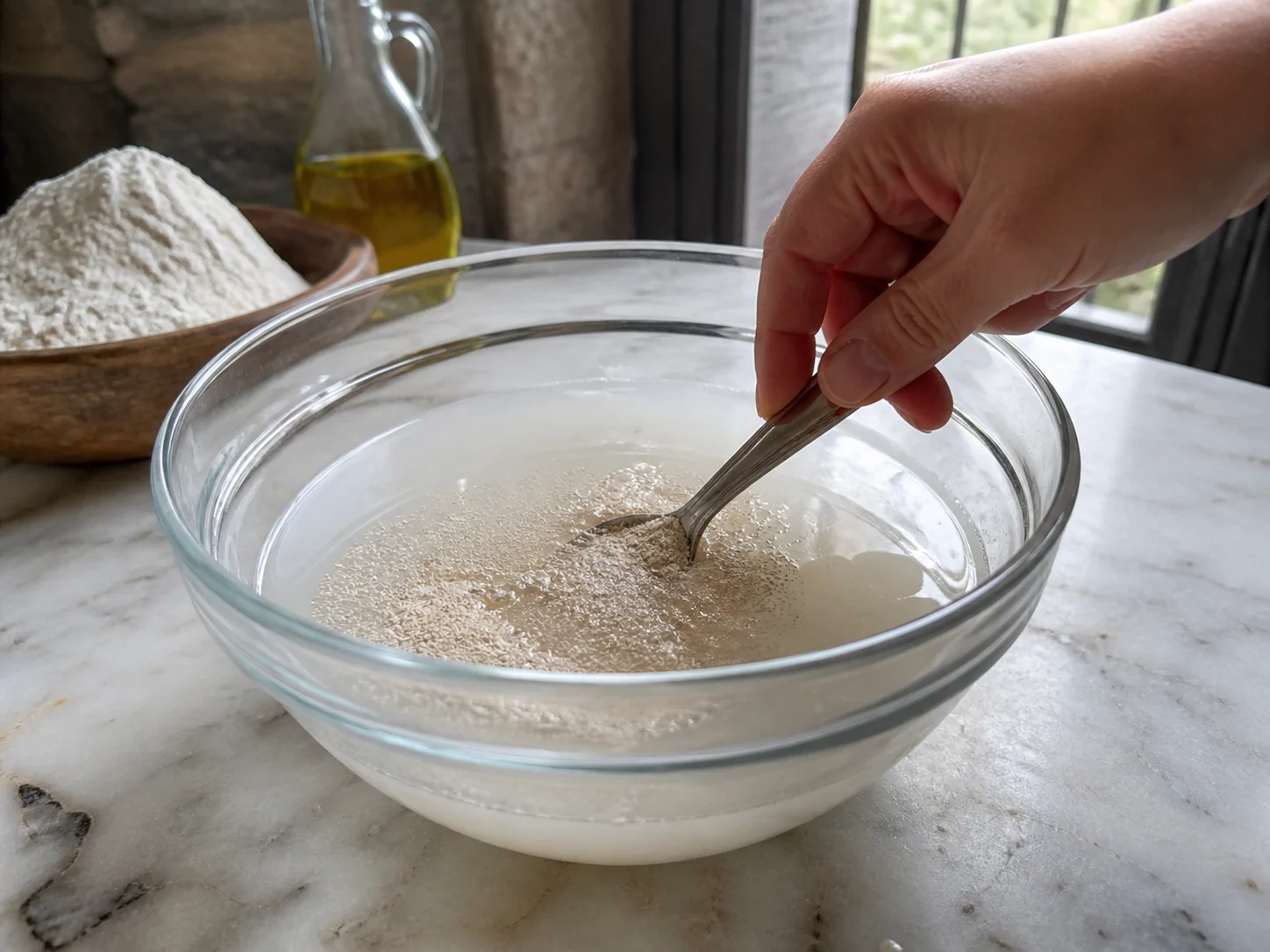 Пинса с начинкой: овощи гриль | Фото подпункта 2 | Viva Cucina Пинса с начинкой: овощи гриль: фото процесса приготовления — размешайте сухие дрожжи в холодной воде до равномерной мутной жидкости