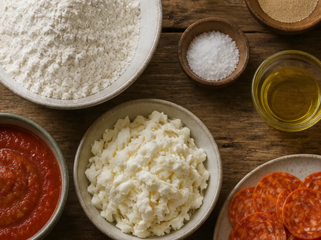 Пинса с начинкой: пепперони (острая салями) | Фото подпункта 1 | Viva Cucina Пинса с начинкой: пепперони (острая салями): фото процесса приготовления — разложите муку тип 00, сухие дрожжи, тёплую воду, соль, оливковое масло, томатный соус, моцареллу и ломтики острой салями