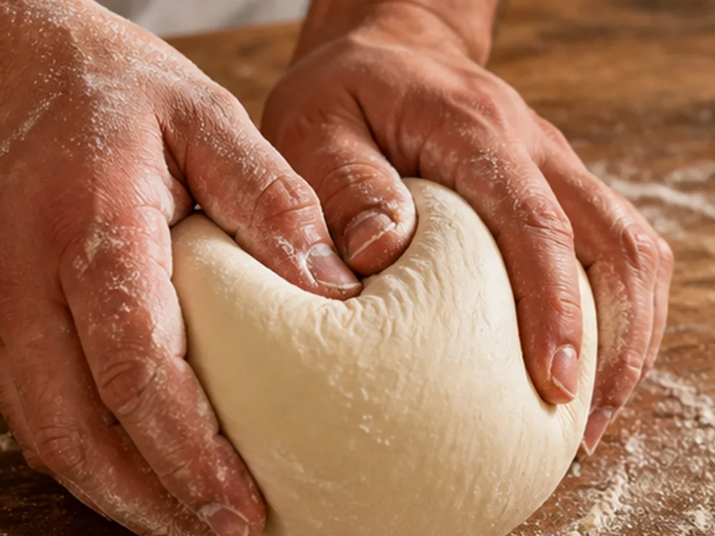 Пинса с начинкой: пепперони (острая салями) | Фото подпункта 4 | Viva Cucina Пинса с начинкой: пепперони (острая салями): фото процесса приготовления — вымешивайте тесто на слегка подпыленной поверхности, пока оно не станет эластичным и перестанет рваться при растяжении