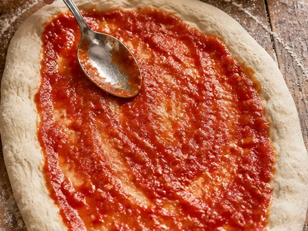 Пинса с начинкой: пепперони (острая салями) | Фото подпункта 8 | Viva Cucina Пинса с начинкой: пепперони (острая салями): фото процесса приготовления — распределите томатный соус тонко, не доходя до самого края, чтобы бортик спокойно поднялся в духовке