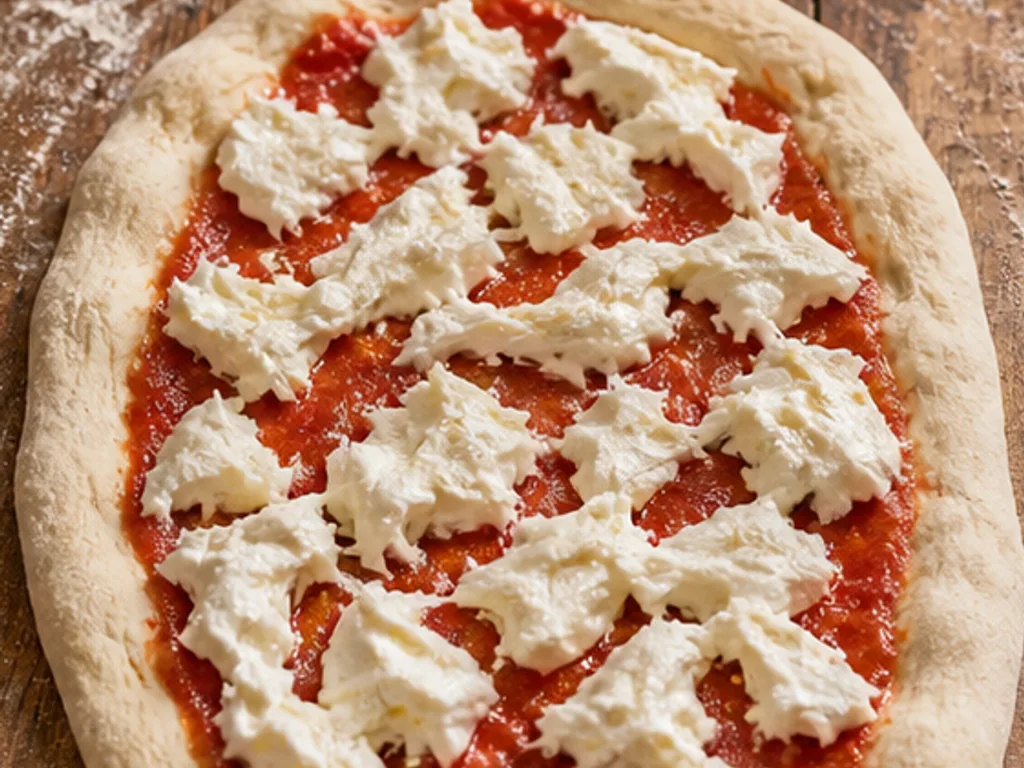 Пинса с начинкой: пепперони (острая салями) | Фото подпункта 9 | Viva Cucina Пинса с начинкой: пепперони (острая салями): фото процесса приготовления — разложите кусочки моцареллы по соусу, оставляя между ними немного пространства для равномерного плавления