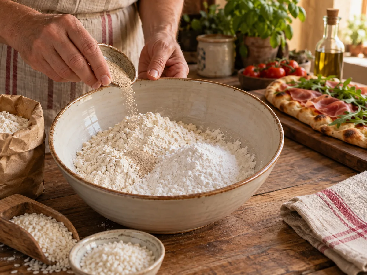 Пинса с начинкой: прошуто и руккола | Фото подпункта 2 | Viva Cucina Пинса с начинкой: прошуто и руккола: фото процесса приготовления — смешайте пшеничную и рисовую муку с дрожжами