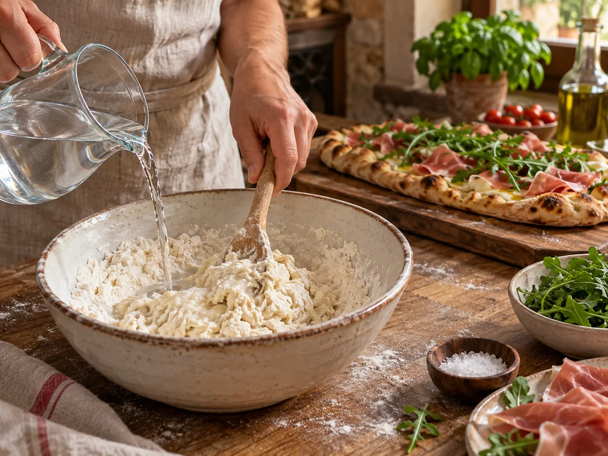 Пинса с начинкой: прошуто и руккола | Фото подпункта 3 | Viva Cucina Пинса с начинкой: прошуто и руккола: фото процесса приготовления — постепенно влейте воду и соберите лохматое тесто