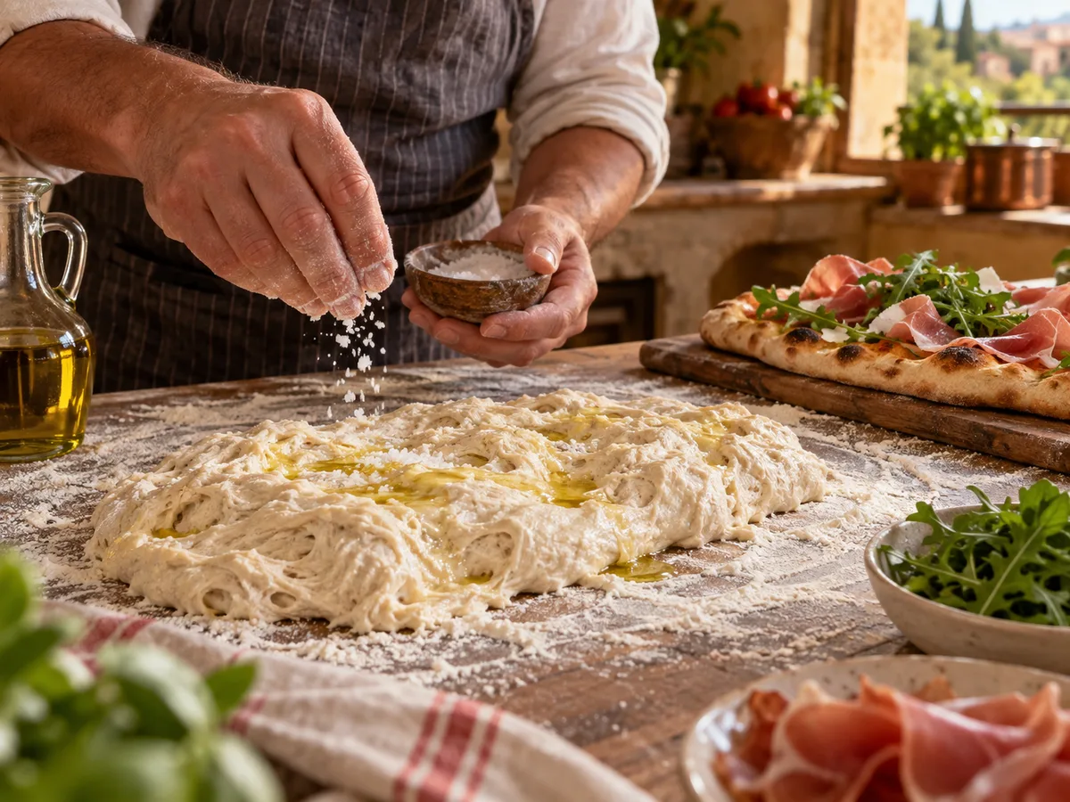 Пинса с начинкой: прошуто и руккола | Фото подпункта 4 | Viva Cucina Пинса с начинкой: прошуто и руккола: фото процесса приготовления — вмешайте соль и оливковое масло