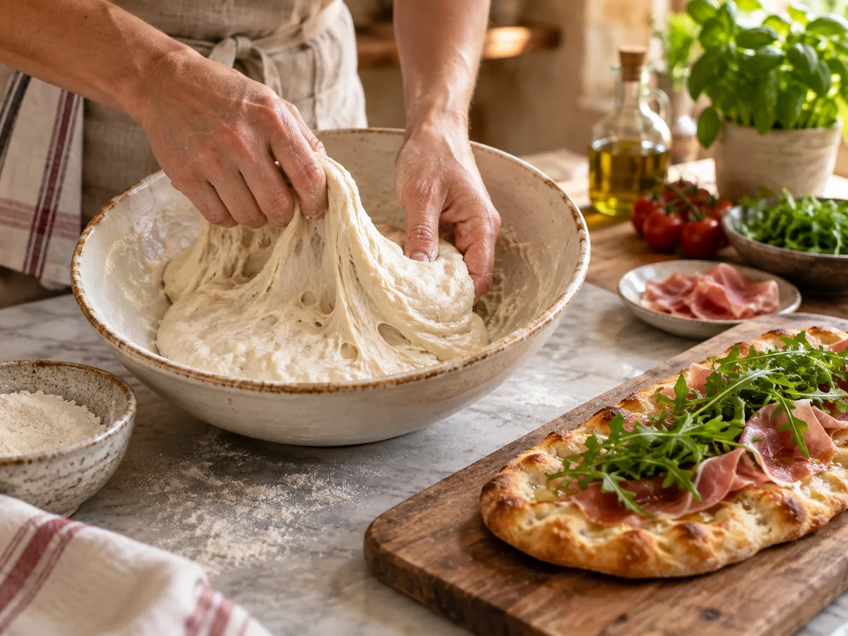 Пинса с начинкой: прошуто и руккола | Фото подпункта 5 | Viva Cucina Пинса с начинкой: прошуто и руккола: фото процесса приготовления — выполните несколько складываний теста