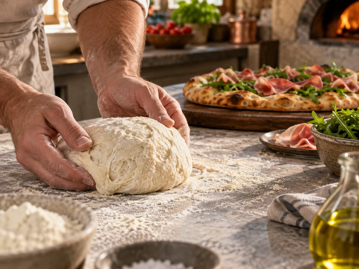 Пинса с начинкой: прошуто и руккола | Фото подпункта 7 | Viva Cucina Пинса с начинкой: прошуто и руккола: фото процесса приготовления — бережно разделите тесто и округлите нужную порцию