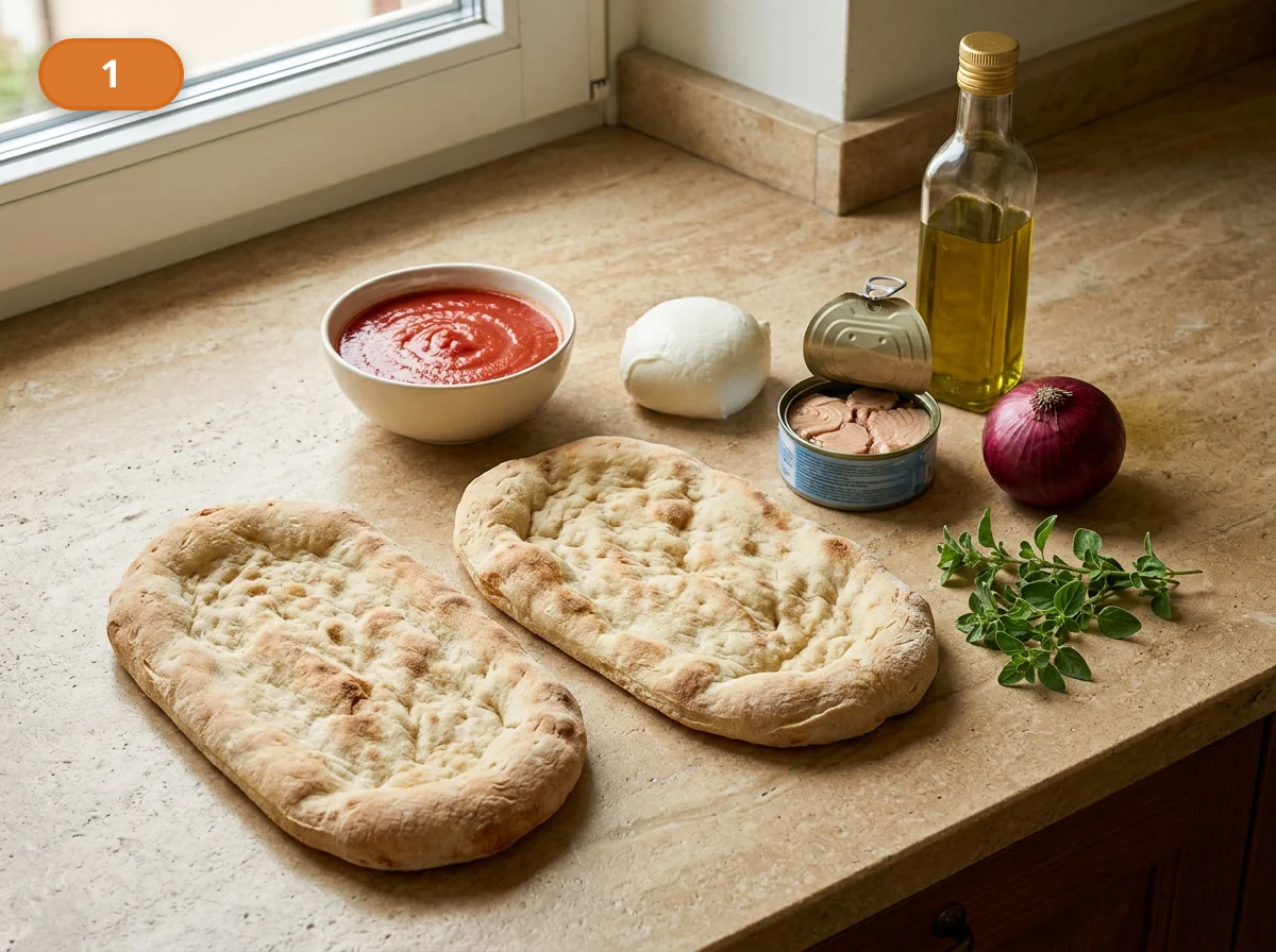 Пинса с начинкой: тунец и лук: фото процесса приготовления — разложите рядом две основы для пинсы, пассату, моцареллу, консервированный тунец, красный лук, орегано и оливковое масло, пока продукты ещё не тронуты и не нарезаны