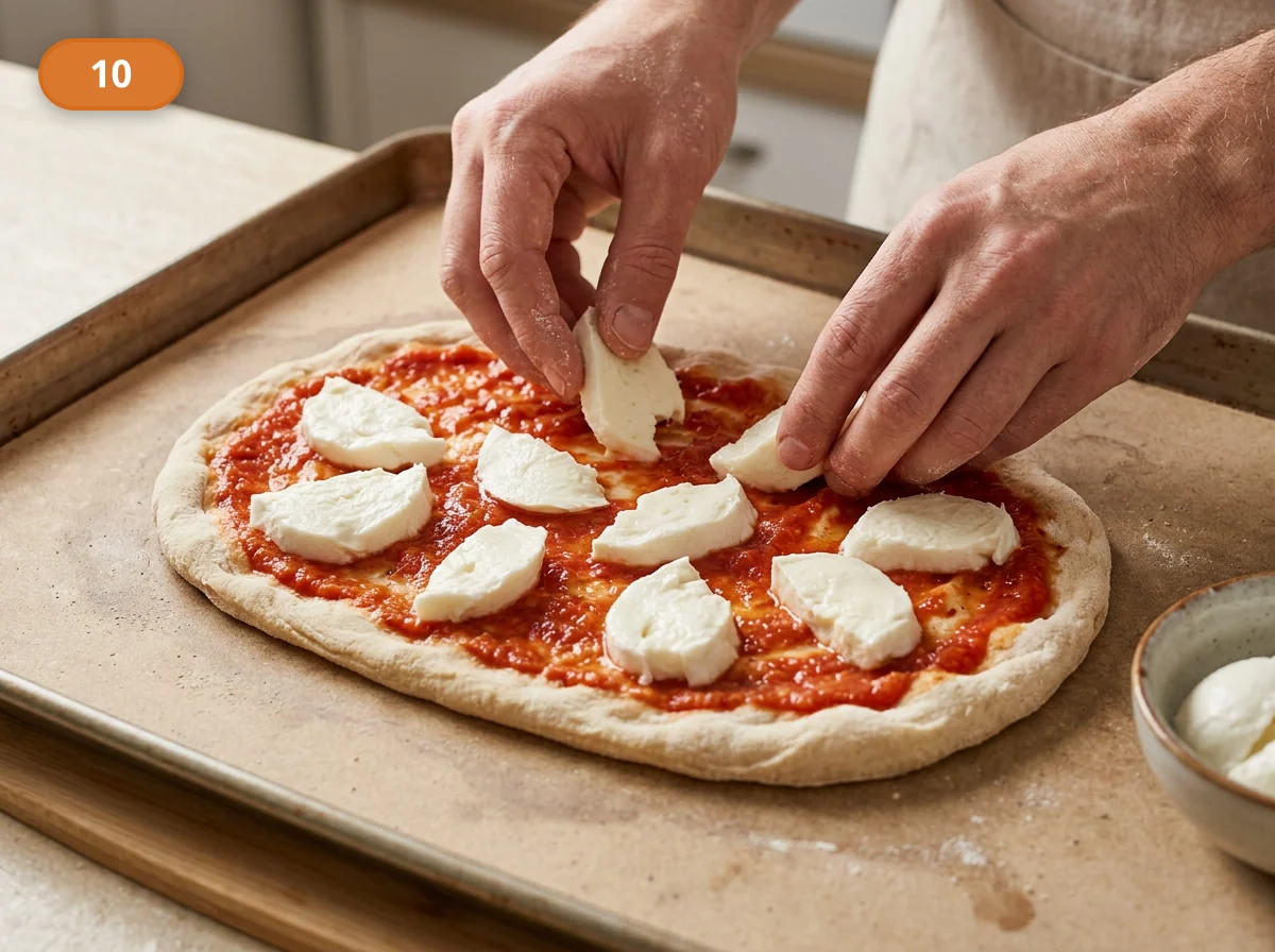 Пинса с начинкой: тунец и лук: фото процесса приготовления — разложите по томатной основе кусочки моцареллы с промежутками, не собирая сплошной молочный ковёр