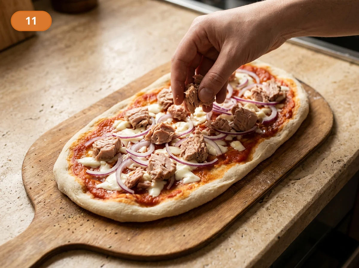 Пинса с начинкой: тунец и лук: фото процесса приготовления — добавьте тунец крупными хлопьями или кусочками, распределяя его по всей длине пинсы, а не только в центре