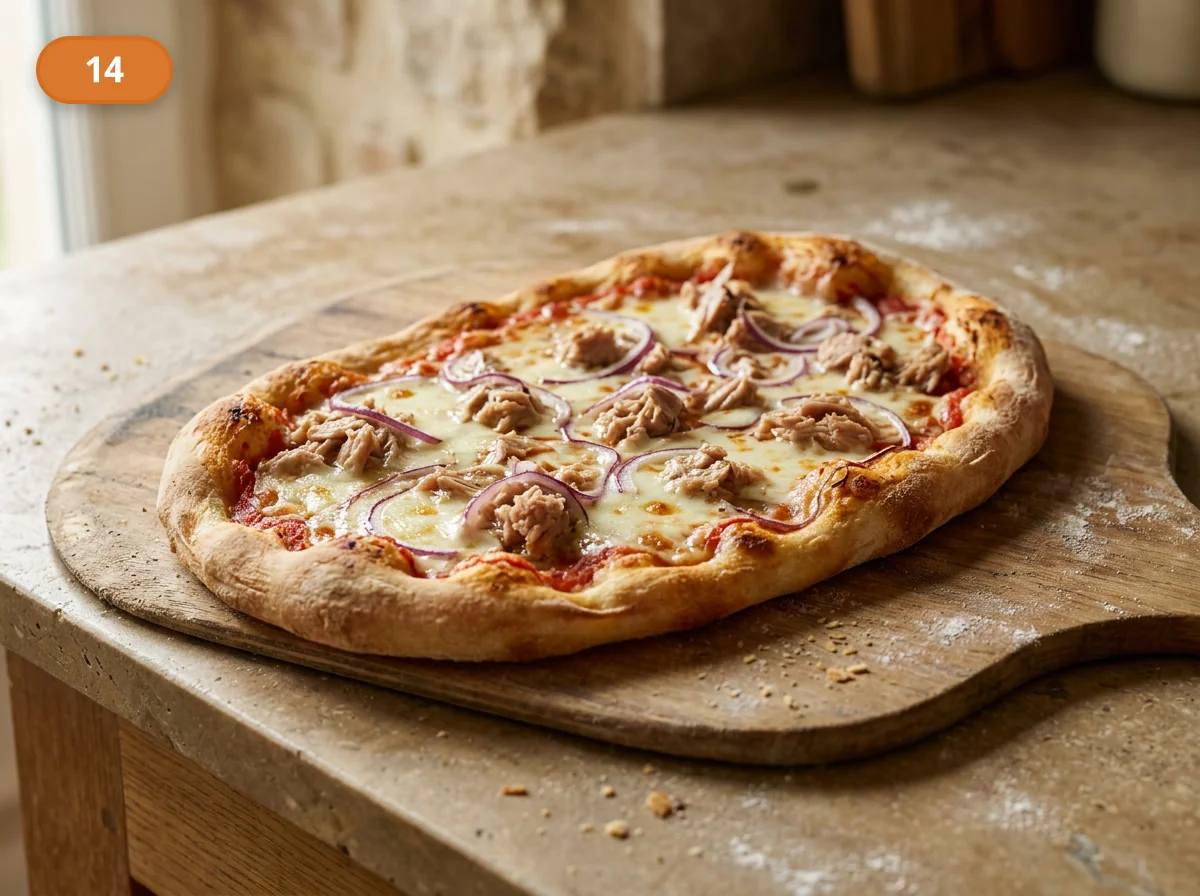 Пинса с начинкой: тунец и лук: фото процесса приготовления — достаньте пинсу из духовки и оставьте её на короткую минуту, чтобы сыр чуть успокоился, а разрез оставался аккуратным