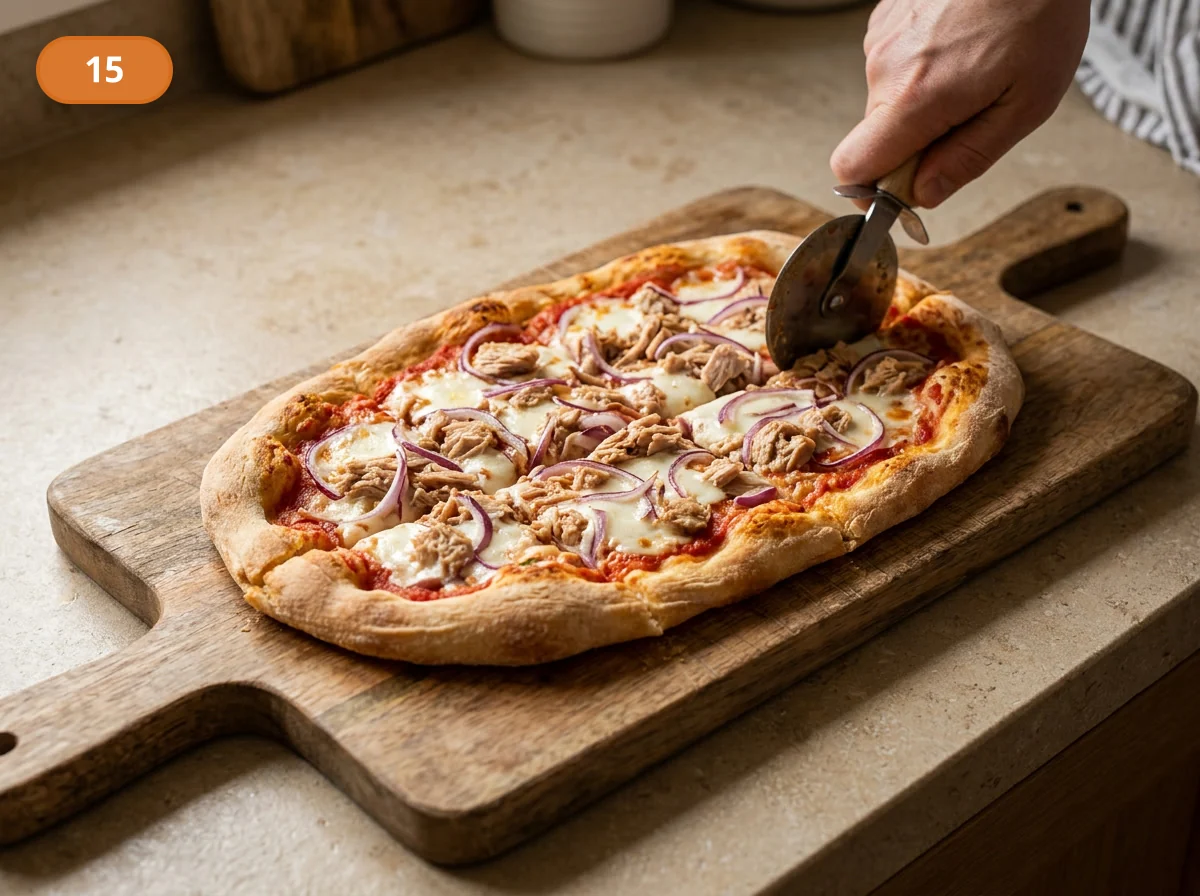 Пинса с начинкой: тунец и лук: фото процесса приготовления — нарежьте овальную пинсу порциями и подавайте сразу, пока тунец остаётся сочным, а края и низ ещё заметно хрустят