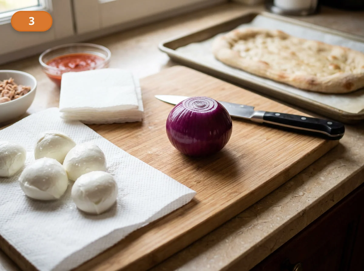 Пинса с начинкой: тунец и лук: фото процесса приготовления — очистите красный лук, подготовьте нож и доску, а моцареллу достаньте заранее, чтобы она успела отдать лишнюю влагу перед сборкой