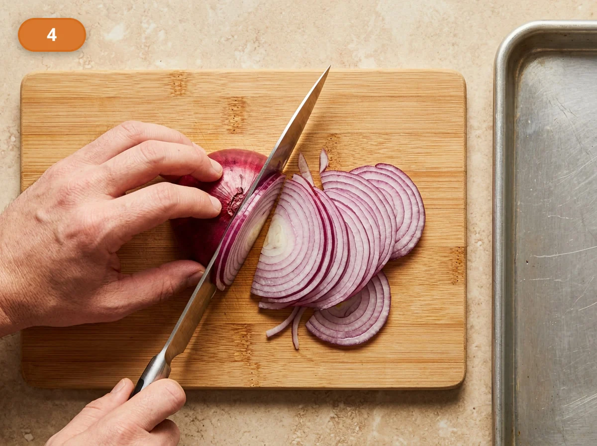 Пинса с начинкой: тунец и лук: фото процесса приготовления — нарежьте красный лук очень тонкими полукольцами, чтобы он успел смягчиться за короткое время выпечки и не доминировал во вкусе