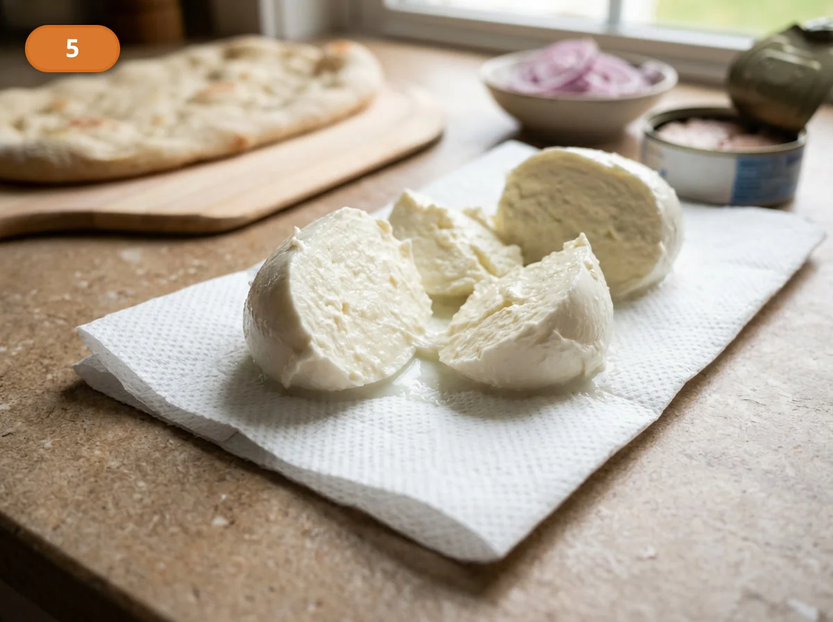 Пинса с начинкой: тунец и лук: фото процесса приготовления — порвите или нарежьте моцареллу крупными кусочками и дайте ей полежать на бумаге, чтобы поверхность стала суше