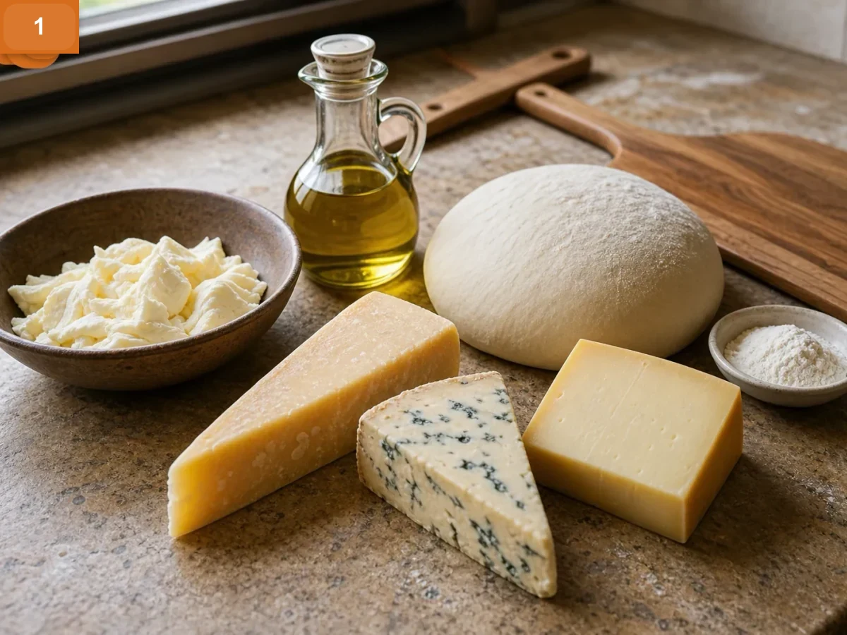 Пицца Кватро Формаджи | Фото подпункта 1 | Viva Cucina Пицца Кватро Формаджи: фото процесса приготовления — разложите тесто, моцареллу, горгонзолу, пармезан, фонтину или таледжо, оливковое масло, муку и лопату для пиццы